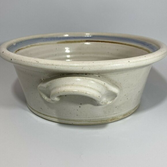 Artisan Signed Glazed Pottery Ivory Gray Serving Bowl w/ Handles Blue Flowers - Picture 3 of 10